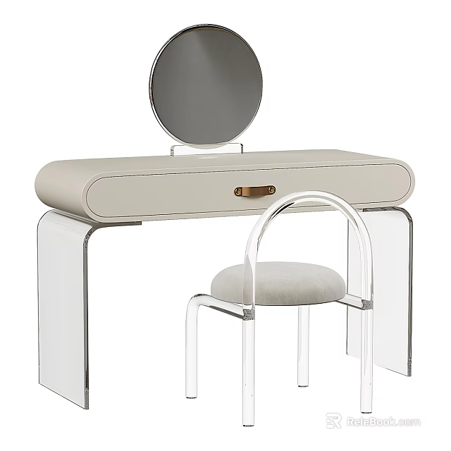 Modern Dressing Table With Round Mirror Transparent Acrylic Stool And Leather Top Surface 3d model
