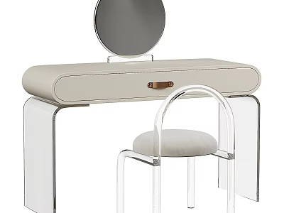 Modern Dressing Table With Round Mirror Transparent Acrylic Stool And Leather Top Surface 3d model