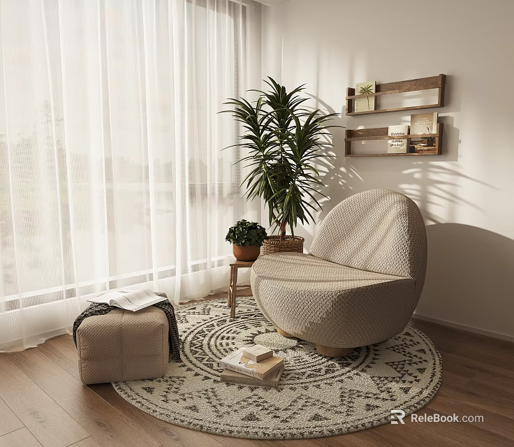 Beige Cozy Accent Chair by Window with Round Area Rug Potted Plant and Wooden Shelves 3d model 