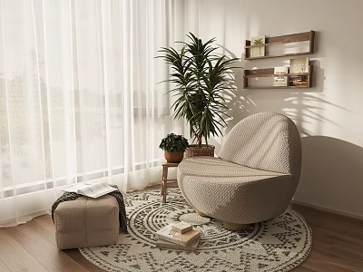 Beige Cozy Accent Chair by Window with Round Area Rug Potted Plant and Wooden Shelves 3d model