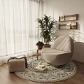 Beige Cozy Accent Chair by Window with Round Area Rug Potted Plant and Wooden Shelves