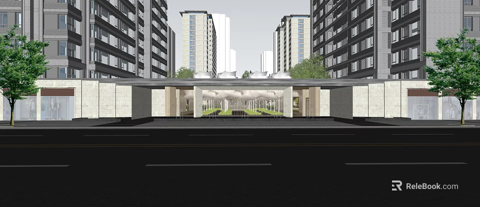 Residential Entrance Gate With Covered Structure Between High Rise Buildings And Green Landscaping 3d model 