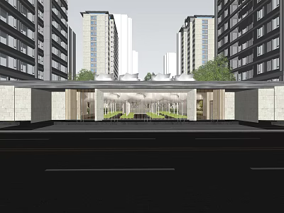 Residential Entrance Gate With Covered Structure Between High Rise Buildings And Green Landscaping 3d model