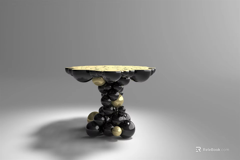 Modern Artistic Black Gold Dining Table With Round Speckled Top And Stacked Spheres Base 3d model 