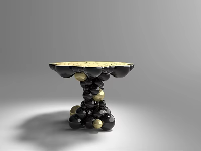 Modern Artistic Black Gold Dining Table With Round Speckled Top And Stacked Spheres Base 3d model