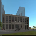 Modern Office Building Exterior With Glass Curtain Wall Façade Landscaping Trees Pedestrians And Cars