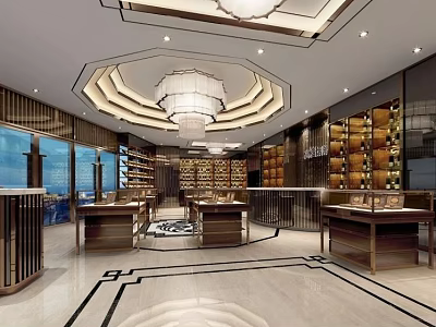 Elegant Tobacco And Alcohol Store Interior With Wooden Display Shelves Glass Counters And Chandeliers 3d model