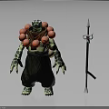 Turtle Humanoid Character With Green Spotted Skin Red Ball Necklace Black Pants And Spear Beside