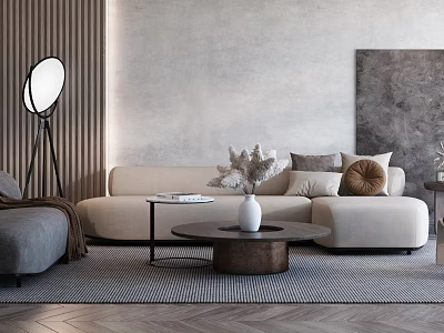 Modern Beige Sofa and Coffee Table Set with Accent Pillows Vase Dried Flowers and Geometric Rug 3d model
