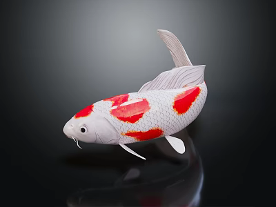 White and Red Koi Fish with Colorful Spots Fins and Tail on Dark Reflective Surface 3d model