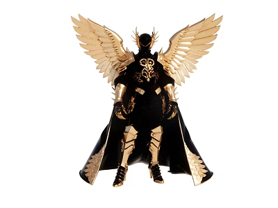 Stunning Game And Movie Character With Large Golden Wings Black Armor And Cloak 3d model