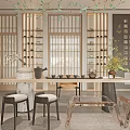Modern Elegant Interior Space With Wooden Partitions Long Table Chairs Hanging Lights And Decorative Wall