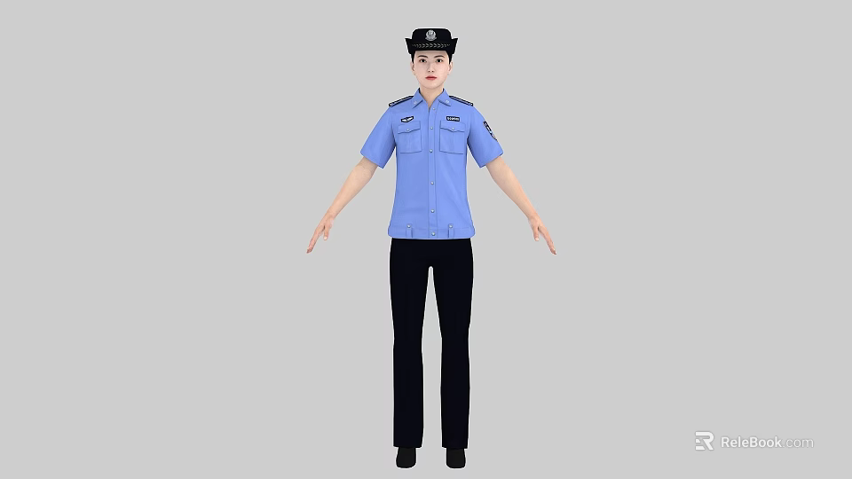 A Woman Wearing Blue Police Uniform and Cap Standing with Arms Outstretched 3d model 