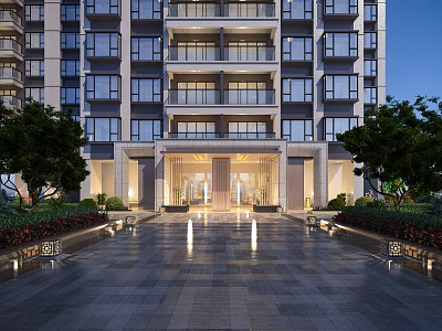 Modern High Rise Building Facade With Glass Windows Balconies And Landscaped Entrance 3d model