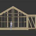 Wooden House Frame Model With Roof Trusses Floor Joists And Human Figure Scale