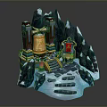 Snowy Mountain Structure With Golden Bell Red Door And Stone Steps