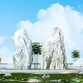 Natural Stone and Wood Garden Landscape with Large Rocks Greenery Pond and Blue Sky