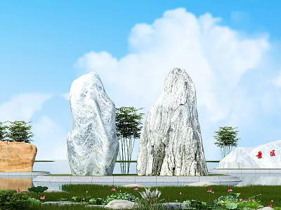 Natural Stone and Wood Garden Landscape with Large Rocks Greenery Pond and Blue Sky 3d model