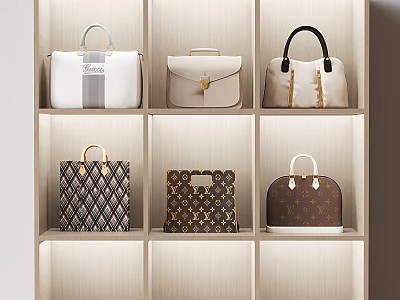 Luxury Designer Handbags Displayed On Beige Shelves With Classic Styles And Patterned Details 3d model
