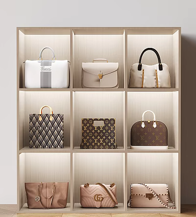 Luxury Designer Handbags Displayed On Beige Shelves With Classic Styles And Patterned Details 3d model
