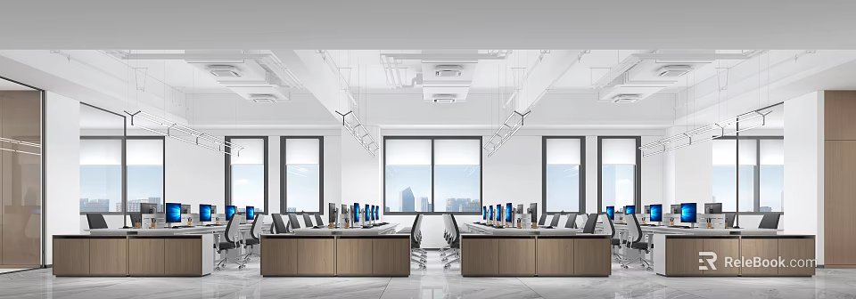 Modern Public Office Space With Open Workstations Computer Monitors And Large Windows 3d model