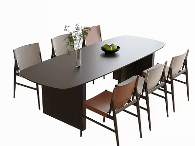 Stylish Dining Table and Chairs Set Black Oval Table Grey Brown Chairs Vase Fruits Bowl 3d model