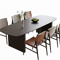 Stylish Dining Table and Chairs Set Black Oval Table Grey Brown Chairs Vase Fruits Bowl
