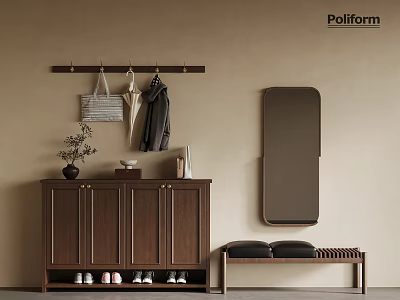 Poliform Dark Brown Wooden Shoe Cabinet With Hanging Hooks Mirror And Bench 3d model
