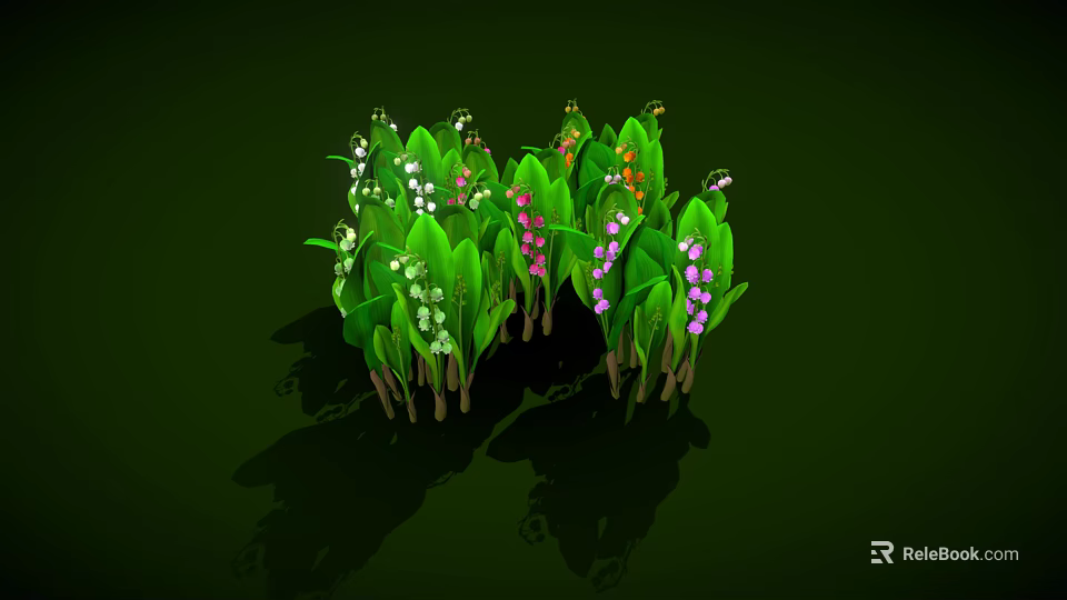 Green Leafy Plants With Small White Pink Purple And Orange Flowers And Brown Stems 3d model 