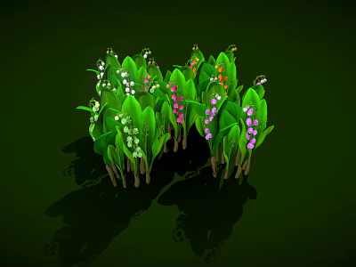 Green Leafy Plants With Small White Pink Purple And Orange Flowers And Brown Stems 3d model