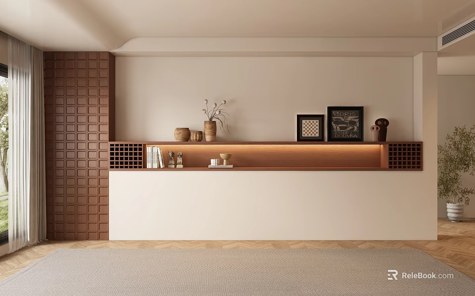Sofa Background Wall With Brown Brick Panel Beige Surface Wooden Shelf And Decor Items 3d model 