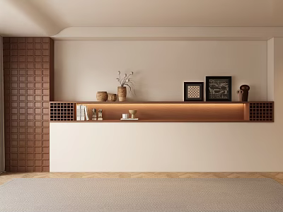 Sofa Background Wall With Brown Brick Panel Beige Surface Wooden Shelf And Decor Items 3d model