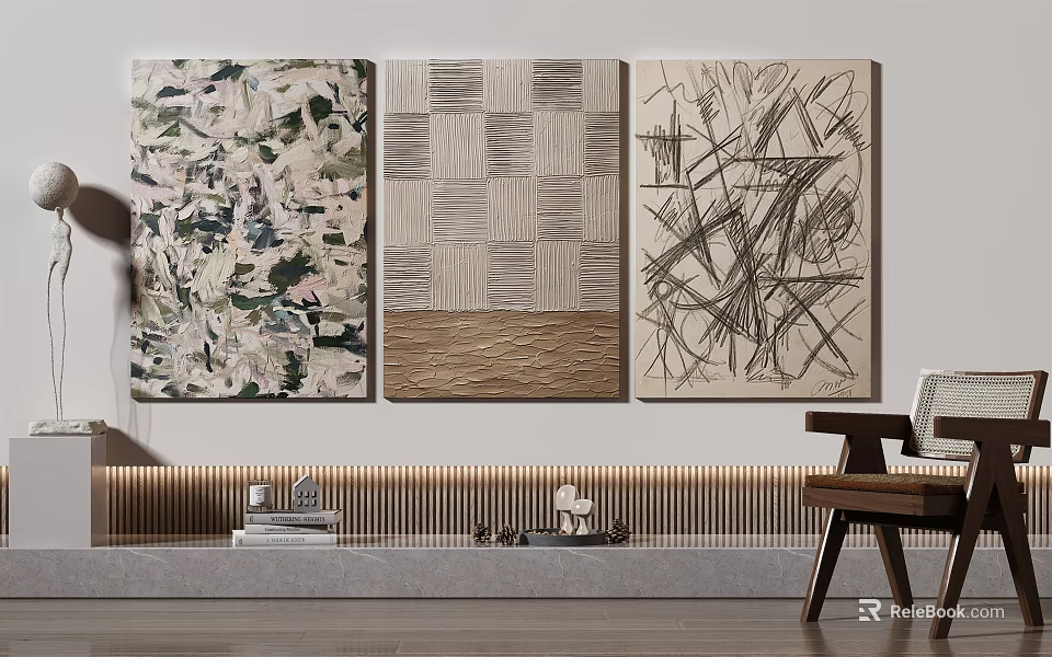 Abstract Wall Art Decor With Three Different Patterned Paintings In Modern Room 3d model