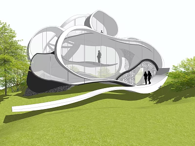 Modern Curved Pergola with Flowing Structure and Green Landscape in Outdoor Space 3d model
