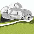 Modern Curved Pergola with Flowing Structure and Green Landscape in Outdoor Space
