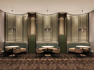 Elegant Modern Restaurant Interior With Chandeliers Banquette Seats Round Tables And Patterned Flooring 3d model