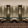 Elegant Modern Restaurant Interior With Chandeliers Banquette Seats Round Tables And Patterned Flooring