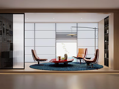 Leisure Area Interior With Brown Leather Chairs Red Coffee Table Blue Rug And Floor Lamp 3d model