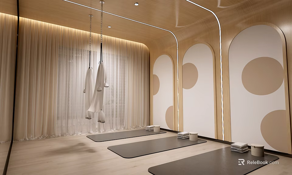 Modern Yoga Studio With Hammocks Yoga Mats Wooden Floors Curved Walls And Curtains 3d model 