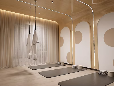 Modern Yoga Studio With Hammocks Yoga Mats Wooden Floors Curved Walls And Curtains 3d model