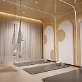 Modern Yoga Studio With Hammocks Yoga Mats Wooden Floors Curved Walls And Curtains