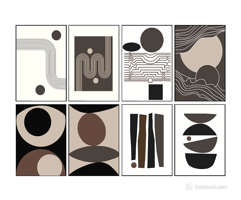 Modern Abstract Wall Art Prints with Geometric Shapes and Minimalist Design in Black White Brown 3d model 