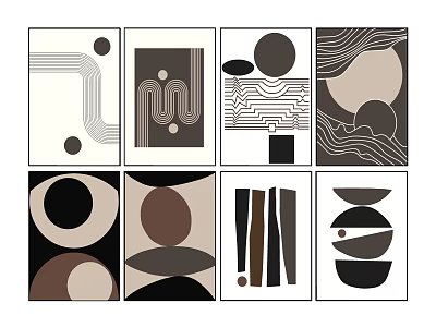 Modern Abstract Wall Art Prints with Geometric Shapes and Minimalist Design in Black White Brown 3d model
