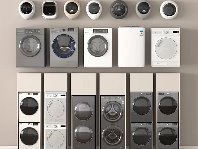 Variety of Modern Washing Machines With Front Load Designs Different Colors And Control Panels 3d model