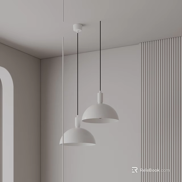 White Pendant Lights Hanging In Minimalist Interior With Light Gray Striped Wall And Arched Doorway 3d model 