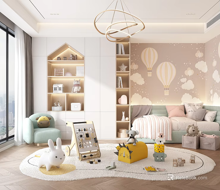 Bright Kids Room Interior With Clouds Hot Air Balloons Wallpaper Bookshelves And Toys 3d model 