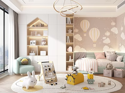 Bright Kids Room Interior With Clouds Hot Air Balloons Wallpaper Bookshelves And Toys 3d model