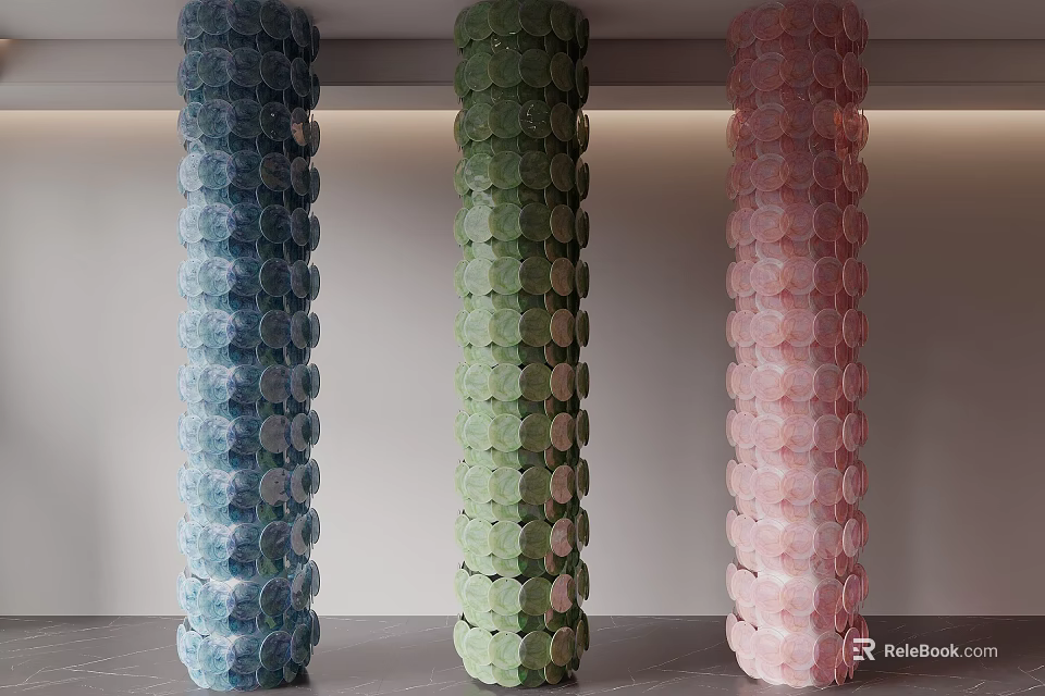 Colorful Decorative Interior Columns With Hexagonal Stacked Design In Blue Green Pink 3d model 