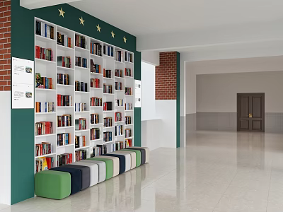 School Interior With Bookshelves Full Of Books And Colorful Cushions In Spacious Hallway 3d model