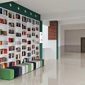School Interior With Bookshelves Full Of Books And Colorful Cushions In Spacious Hallway